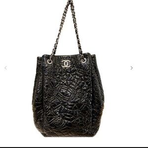 CHANEL Black Crinkled Tote with Silver Accents